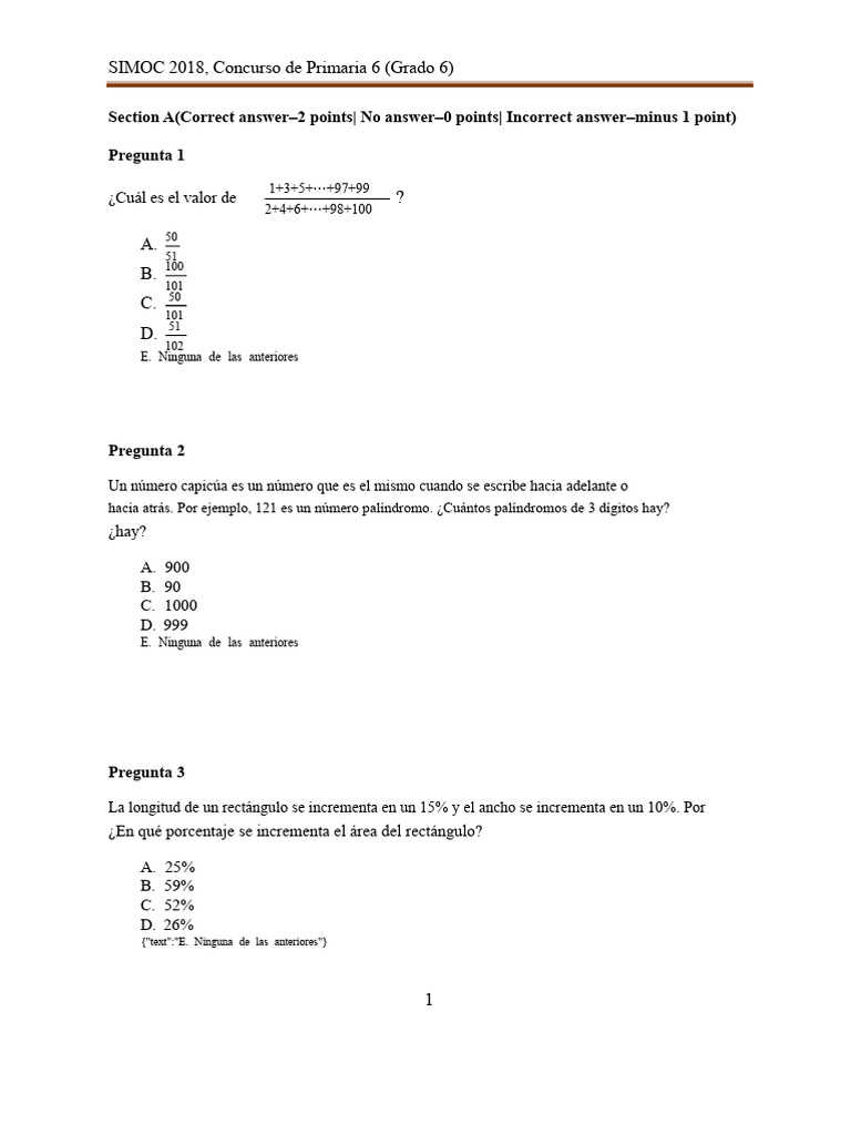 Preguntas de Matemáticas SIMOC 2018 Grado 6 | PDF | Aritmética ...