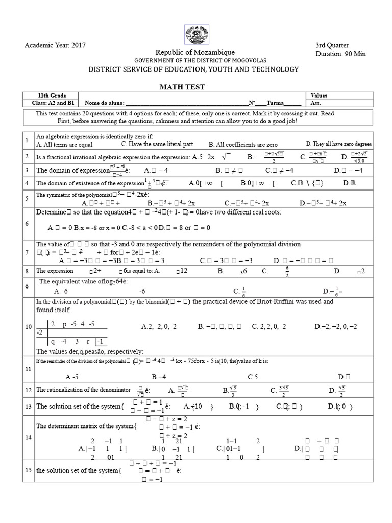 Correction of The Math Test 11th Grade A2 and b1 | PDF | Square Root ...