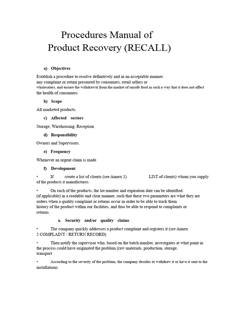 Product Recall Procedures Manual | PDF