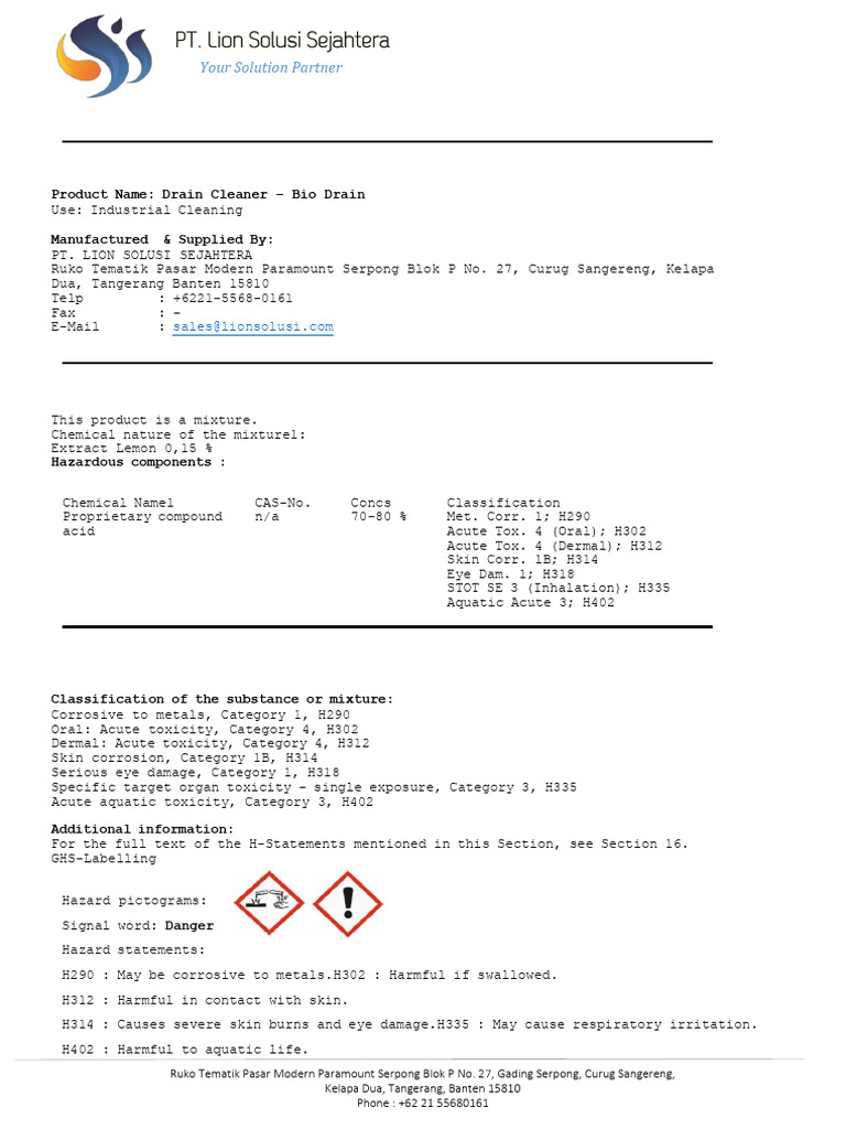 MSDS - Bio Drain. | PDF | Toxicity | Occupational Safety And Health