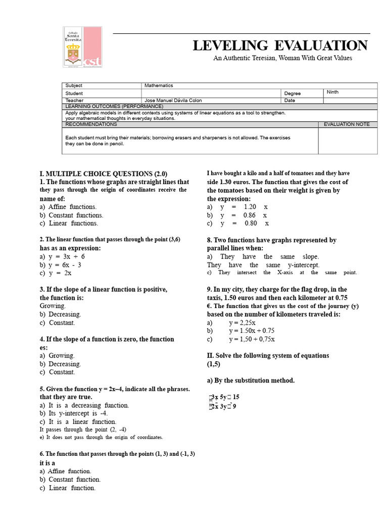 Mathematics Leveling 9th Grade | PDF | Equations | Elementary Mathematics