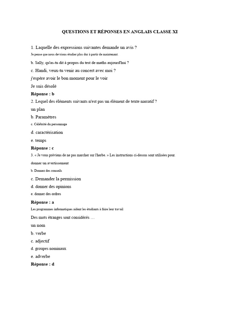 Questions et réponses d'anglais classe XI | PDF | Lion