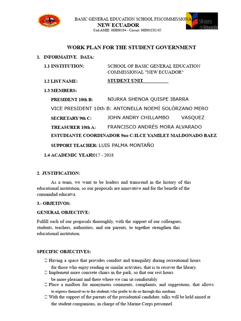 Work Plan For The Student Government | PDF
