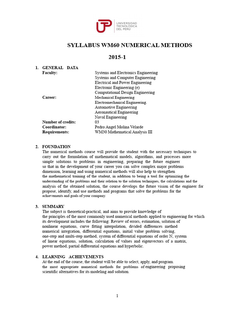 Numerical Methods Course Syllabus | PDF | Numerical Analysis | Matrix ...