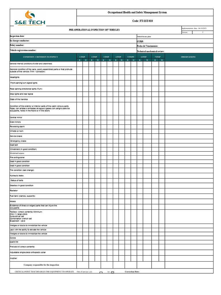 FT-SST-010 Pre-Operational Inspection Light Vehicles | PDF | Vehicles ...