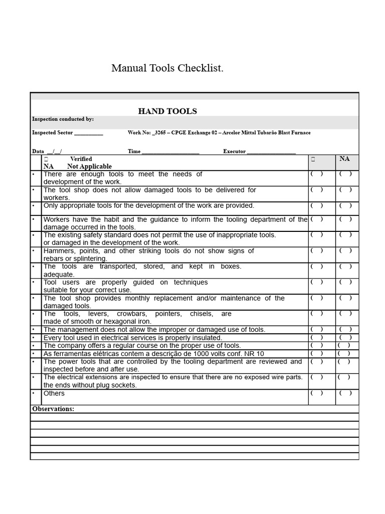 Hand Tools - Check List | PDF