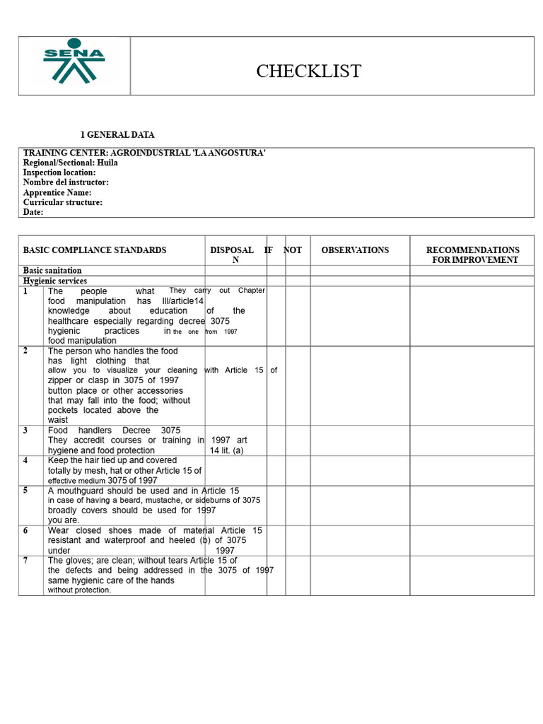 Food Safety Compliance Checklist | PDF | Sanitation | Hygiene