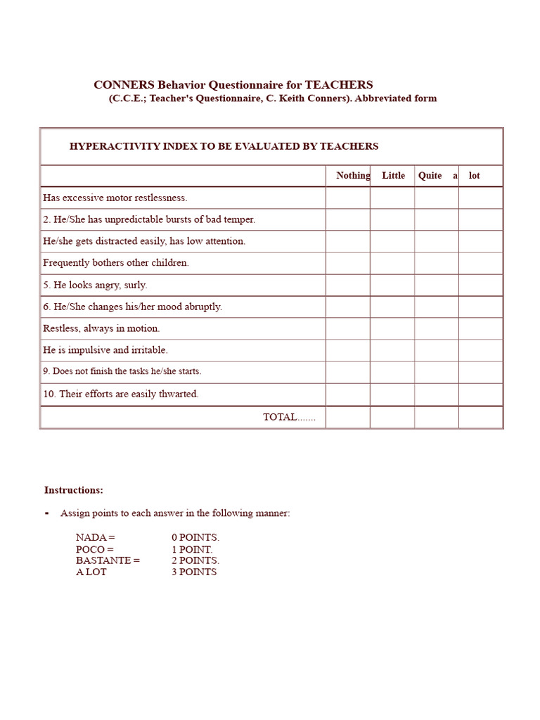 Conners Rating Scale For ADHD Complete (Parents and Teachers) | PDF ...