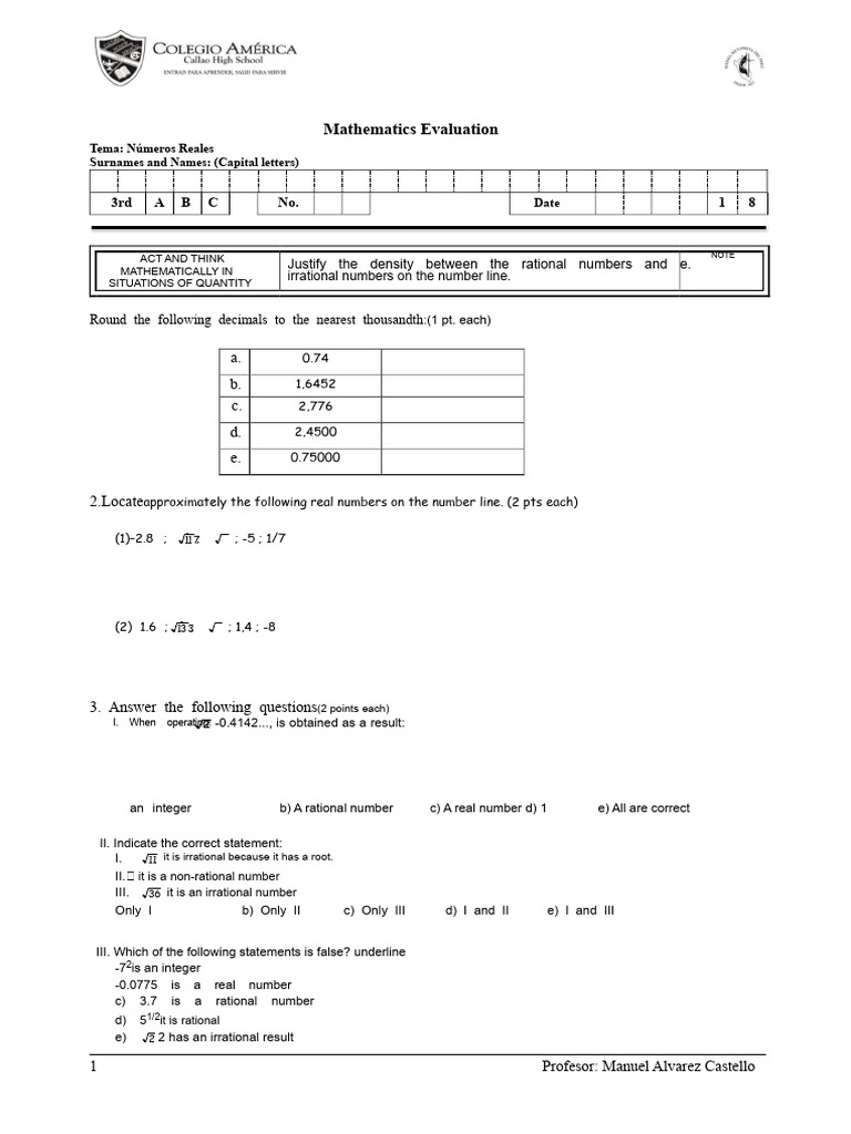 Real Numbers Mathematics Evaluation | PDF | Numbers | Real Number