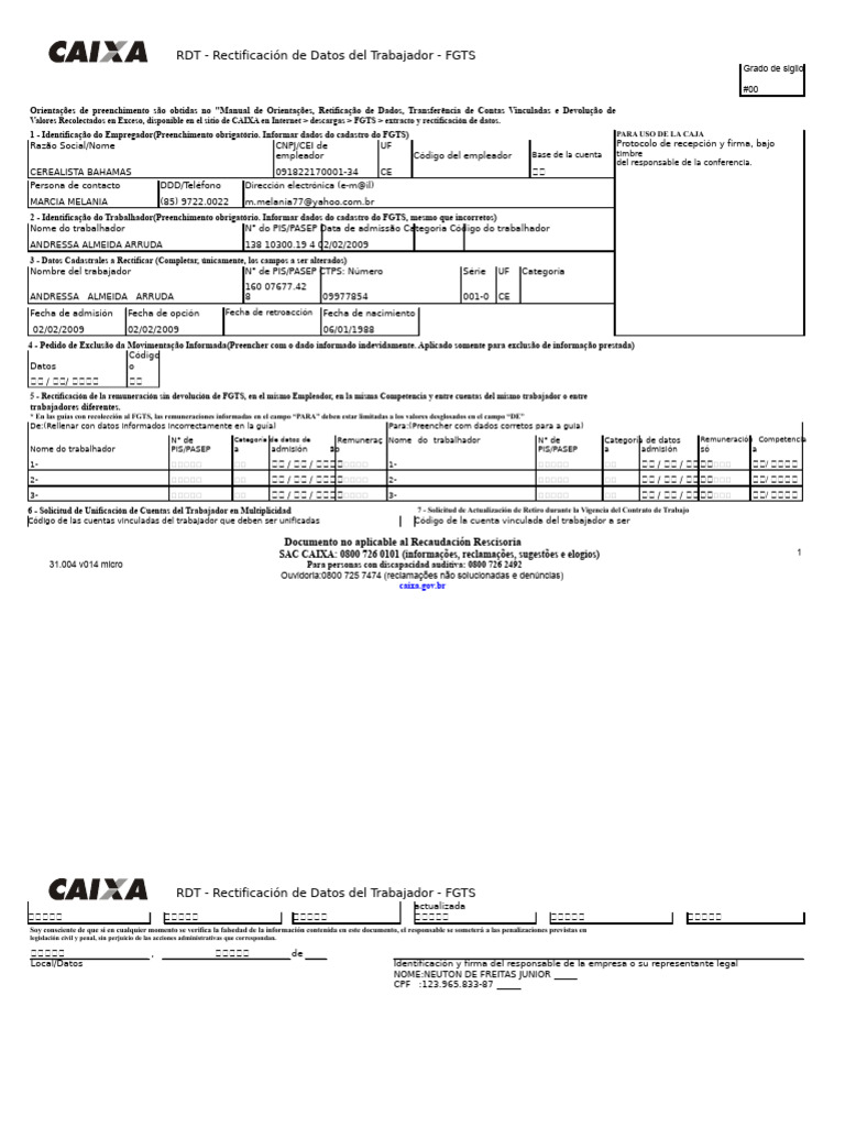 Rectificación de Datos del Trabajador FGTS | PDF