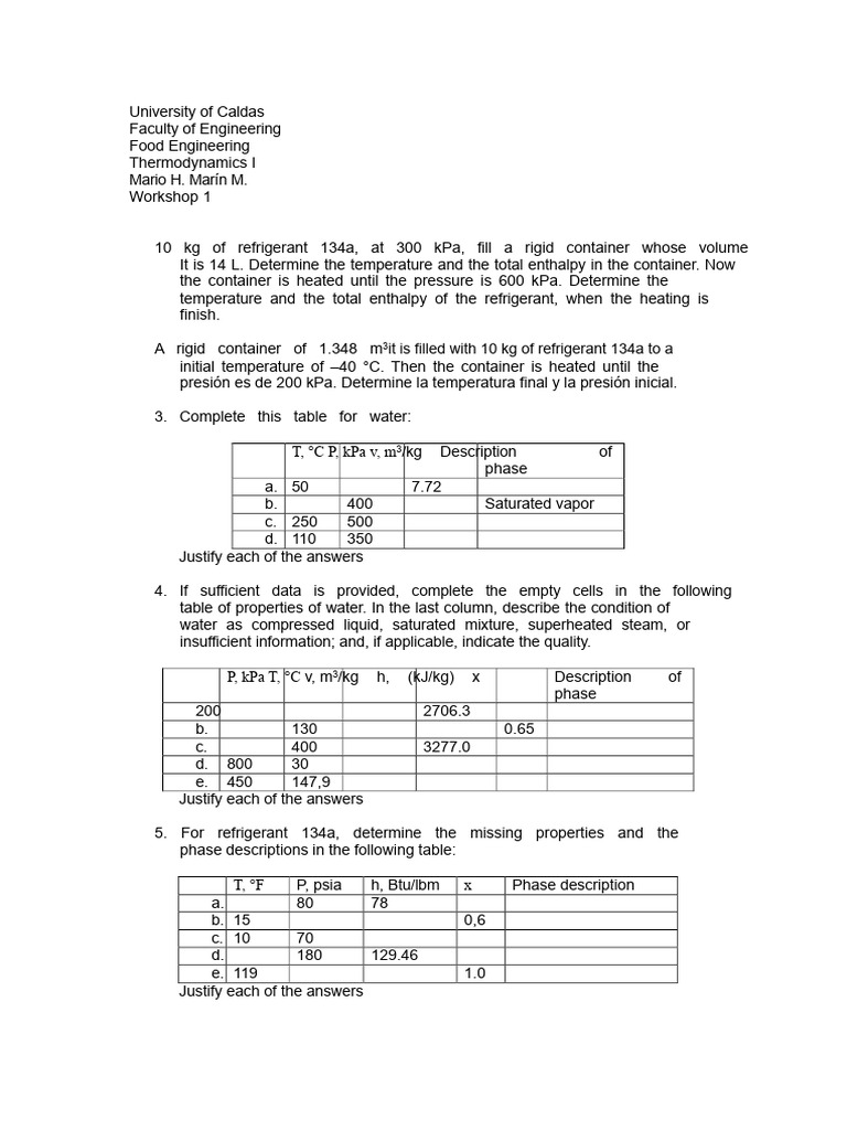 Workshop 1. Thermodynamics PDF | PDF | Enthalpy | Phase (Matter)