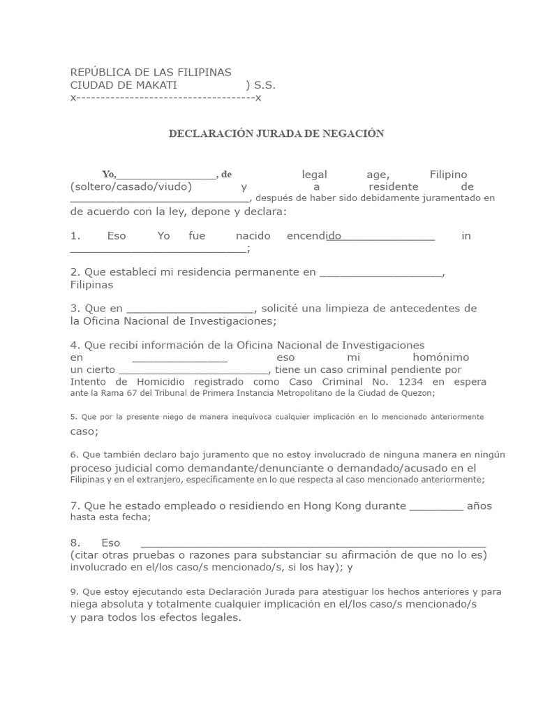 Declaración Jurada de Negación en Filipinas | PDF | Justicia | Crimen y ...