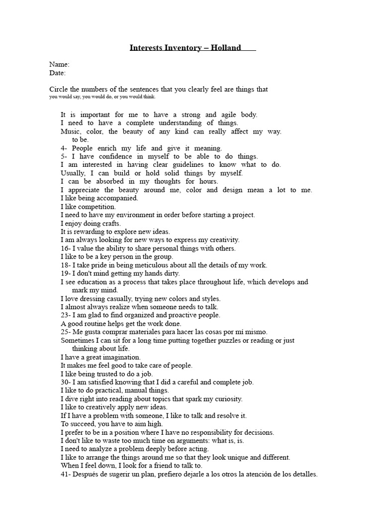 Holland's Interests Inventory | PDF | Theory | Creativity