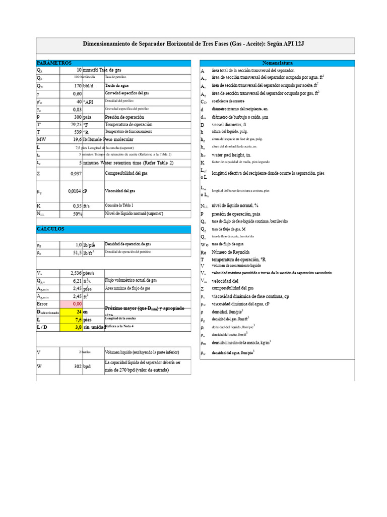 Diseño Separador Horizontal Tres Fases API 12J | PDF | Gases | Líquidos