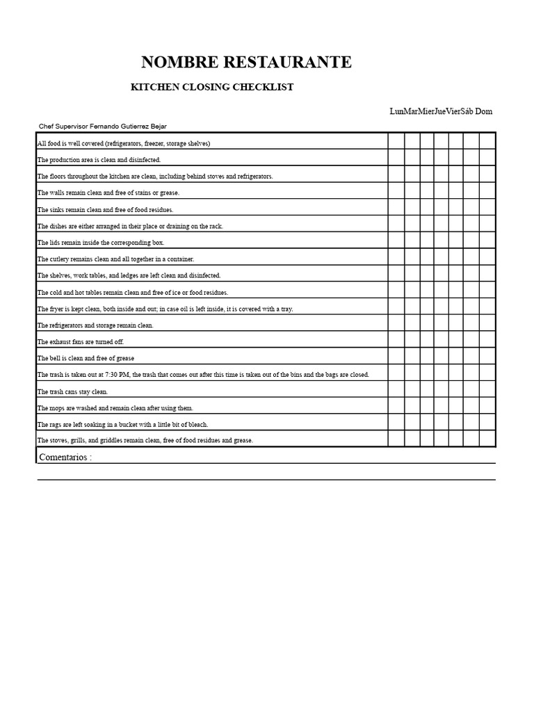 Kitchen Closing Checklist for Restaurants | PDF