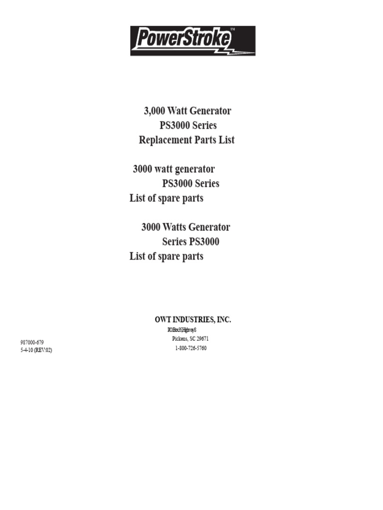 PS3000 Generator Replacement Parts List | PDF | Screw | Machines