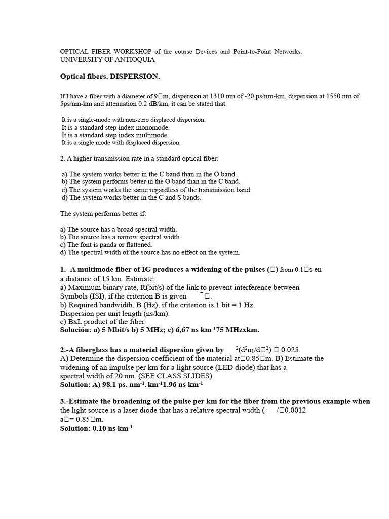 Workshop 1 DISPERSION | PDF | Dispersion (Optics) | Fiber Optic ...