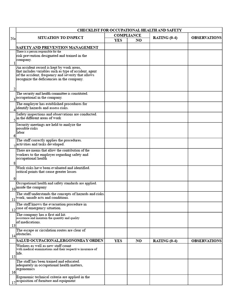 Occupational Health and Safety Checklist | PDF | Occupational Safety ...