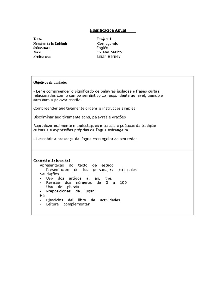Planejamento Anual de Inglês 5º Ano | PDF | Palavra | Língua inglesa