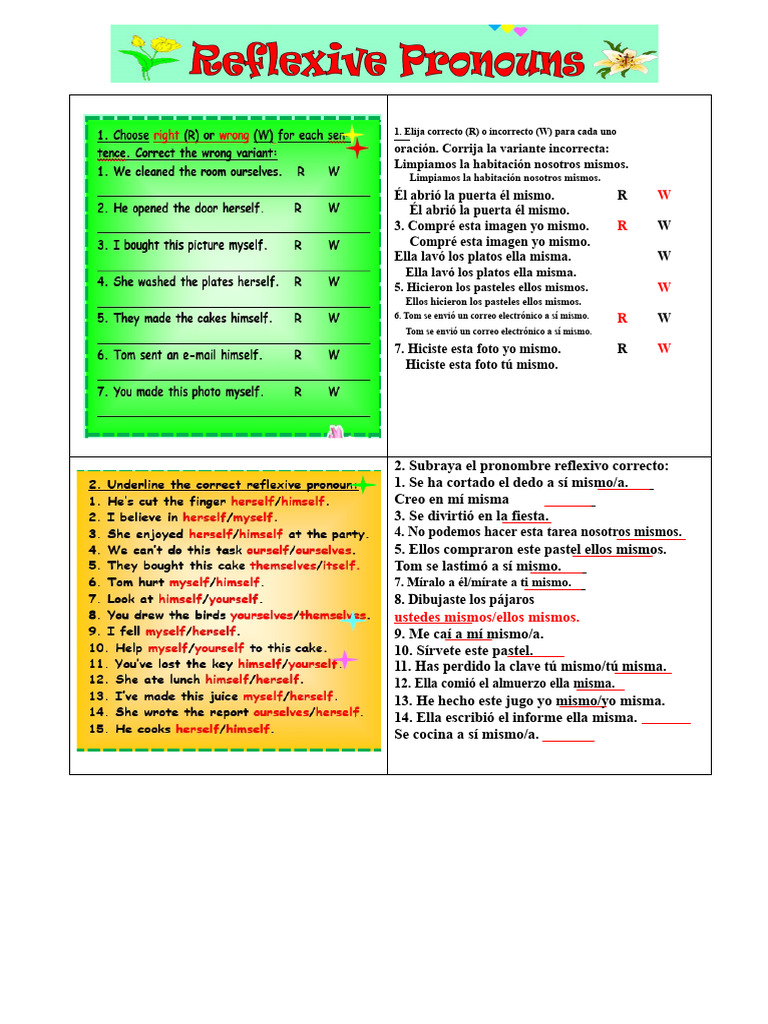 Ejercicios de pronombres reflexivos en español | PDF