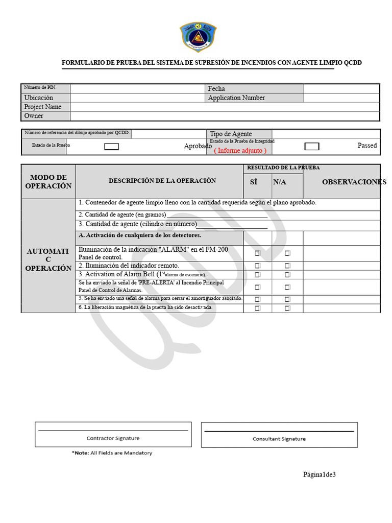 Formulario de Prueba QCDD Del Sistema de Supresión de Incendios Con ...