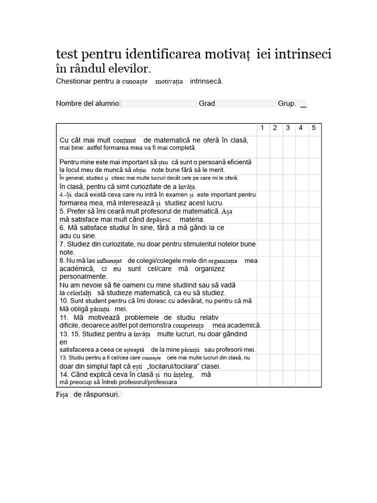 Test Pentru Identificarea Motivatiei Intrinseci La Elevi | PDF