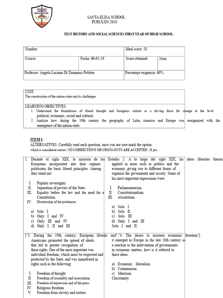 Test History and Social Sciences First Year of Secondary School | PDF ...