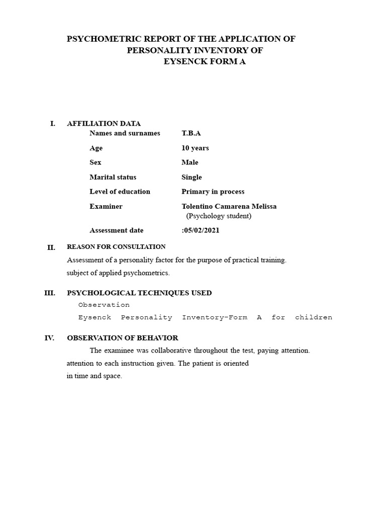 Eysenck Personality Inventory Report | PDF | Extraversion And ...
