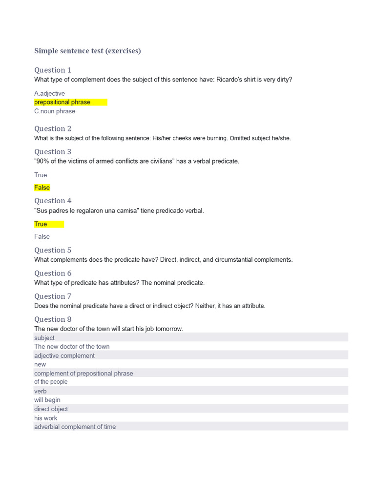Simple Sentence Test (Exercises) | PDF | Verb | Subject (Grammar)