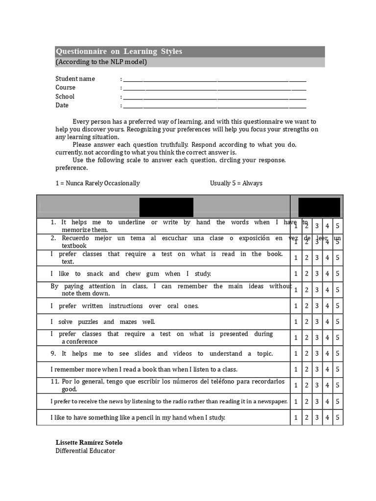 Learning Styles Questionnaire PNL Model | PDF | Learning Styles ...
