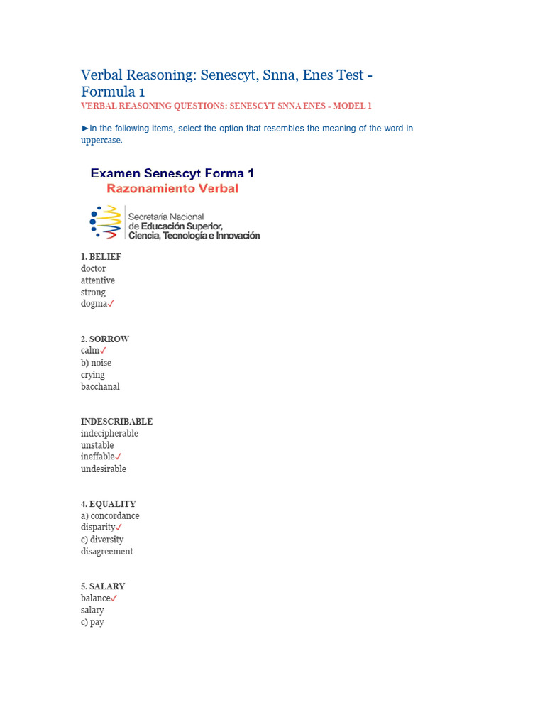 Verbal Reasoning Practice: Senescyt Test | PDF | Microorganism | Louis ...