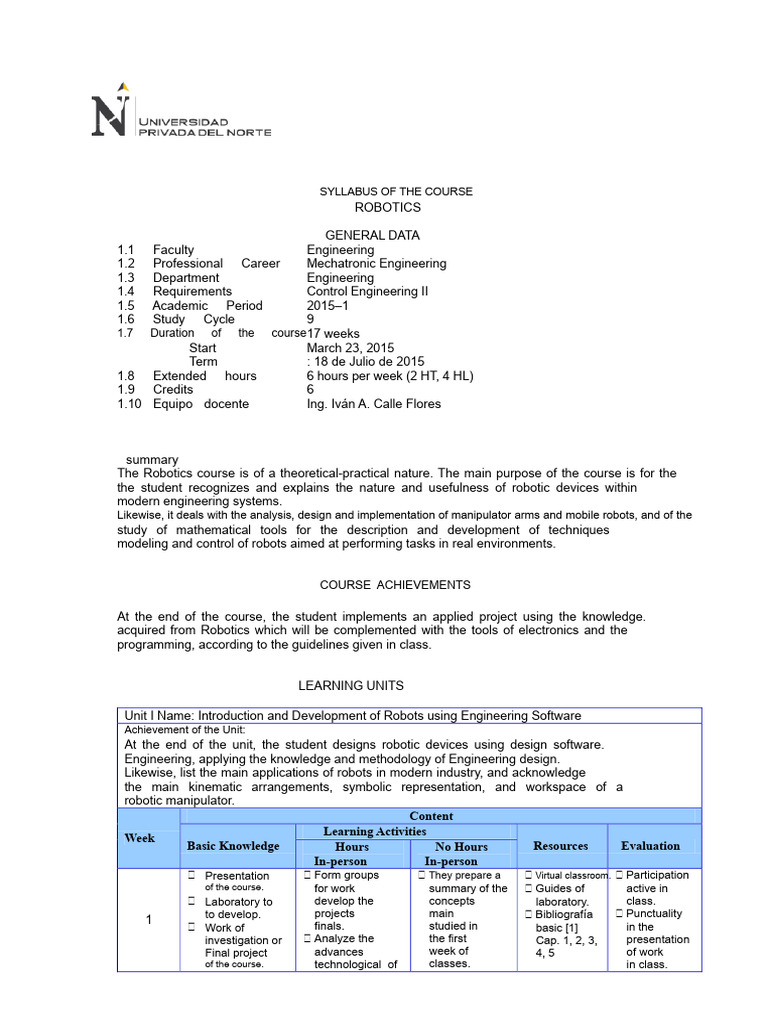 Robotics Course Syllabus Overview | PDF | Robotics | Engineering
