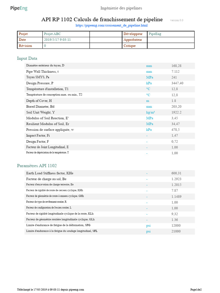 Calculs de franchissement de pipeline API RP 1102 | PDF | Génie ...