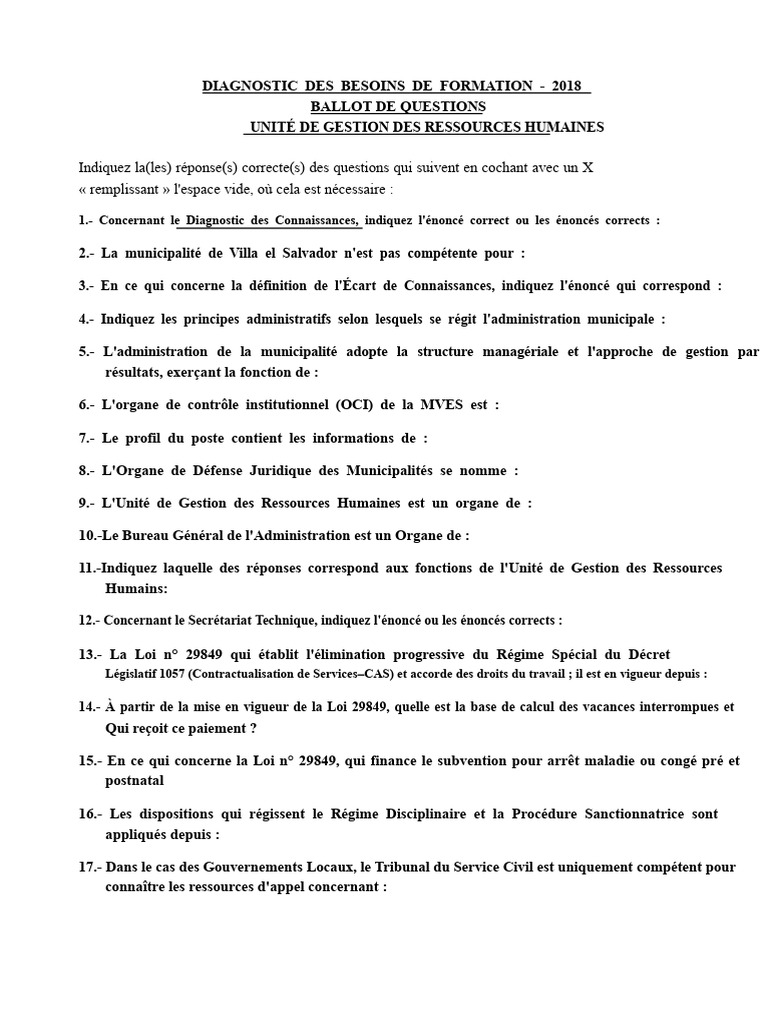 Questionnaire de Ressources Humaines. | PDF | Loi | Gestion des ...