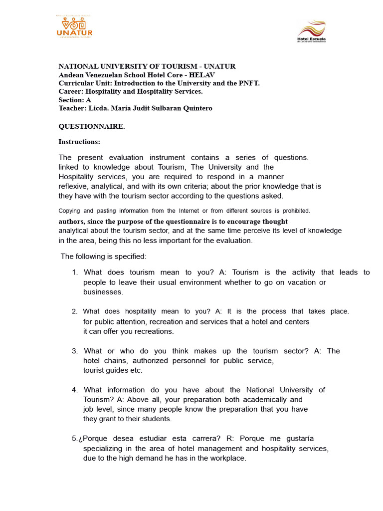 Tourism and Hospitality Knowledge Questionnaire | PDF | Tourism ...