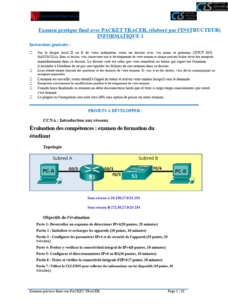 Examen final CCNA avec Packet Tracer | PDF | Adresse IP | I Pv6