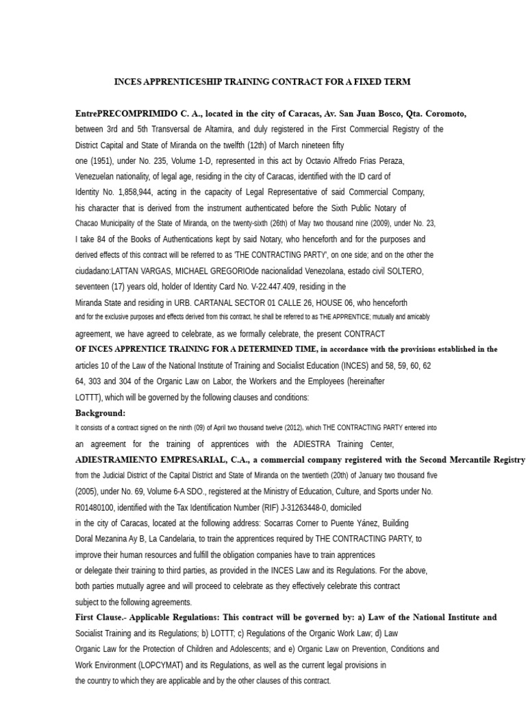 Model Apprenticeship Contract INCE | PDF | Salary | Occupational Safety ...