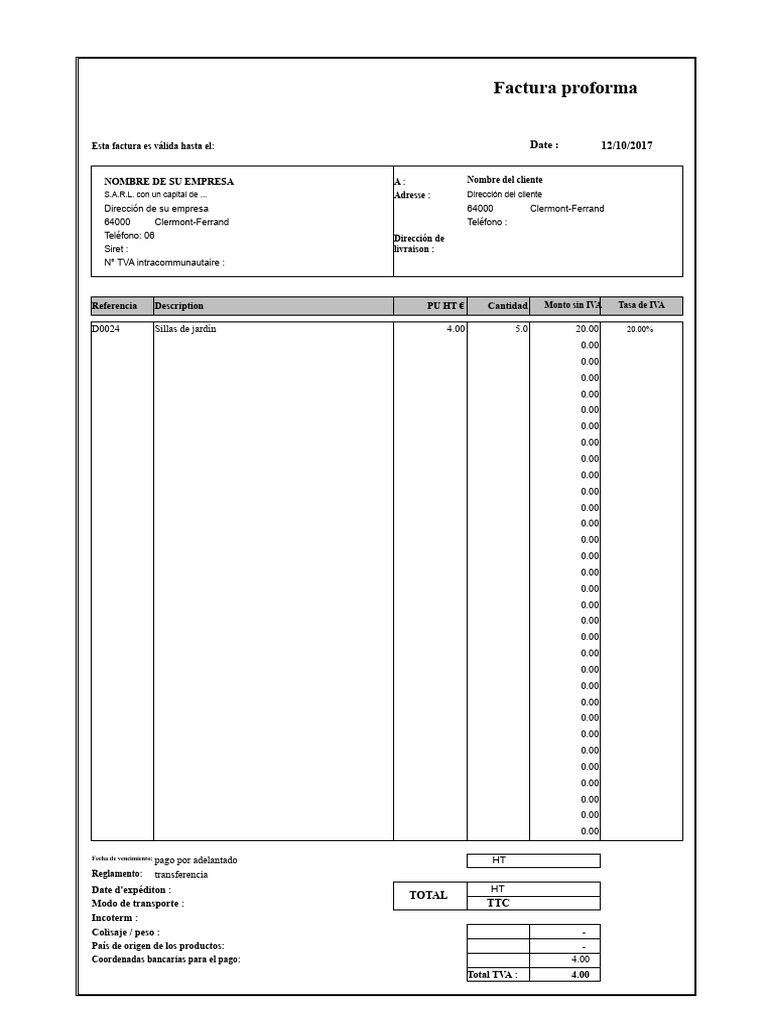 Factura Proforma Excel Vacía Modelo Gratis Francés Inglés | PDF ...