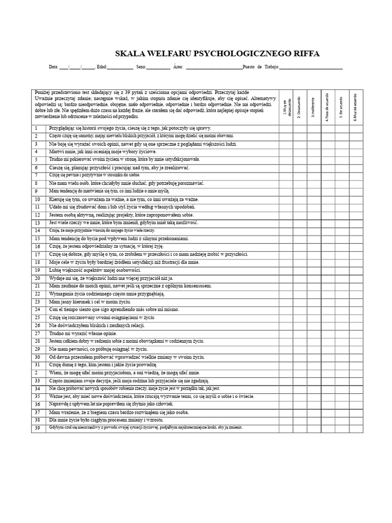 Skala Dobrostanu Psychologicznego Riffa | PDF