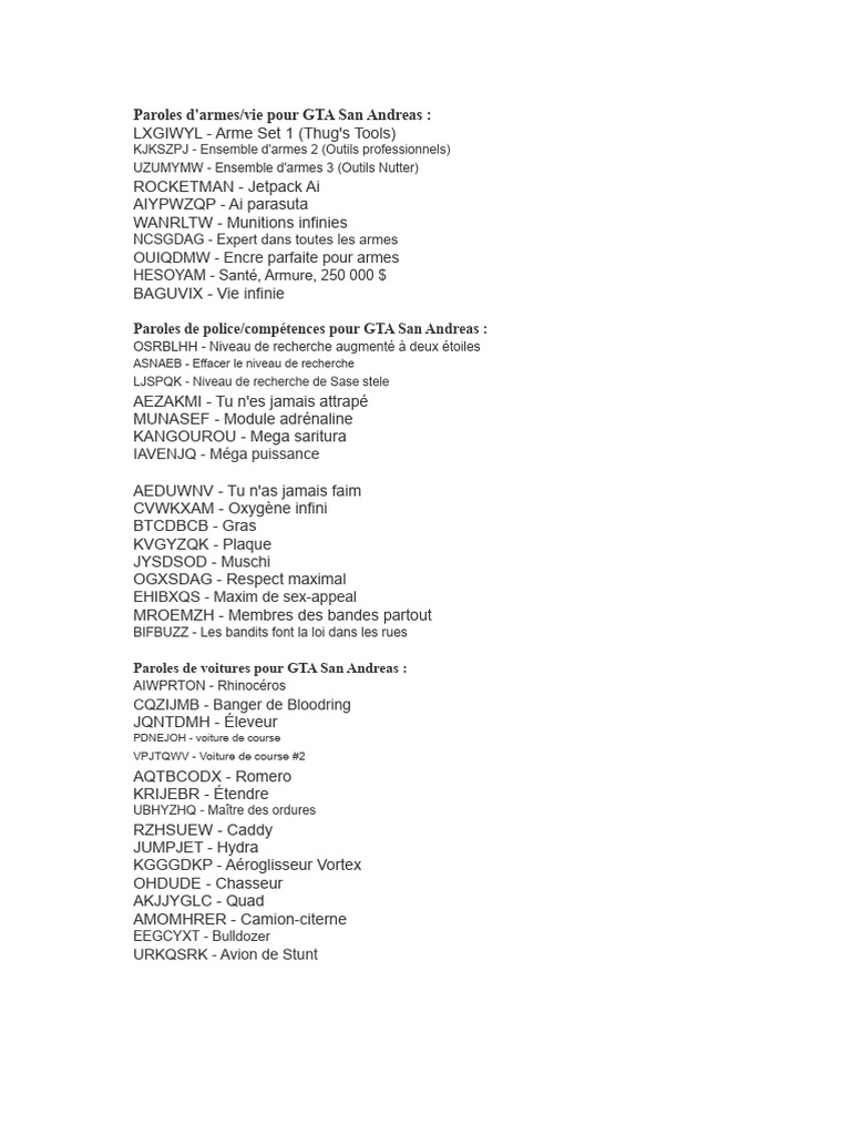Codes de triche GTA San Andreas | PDF