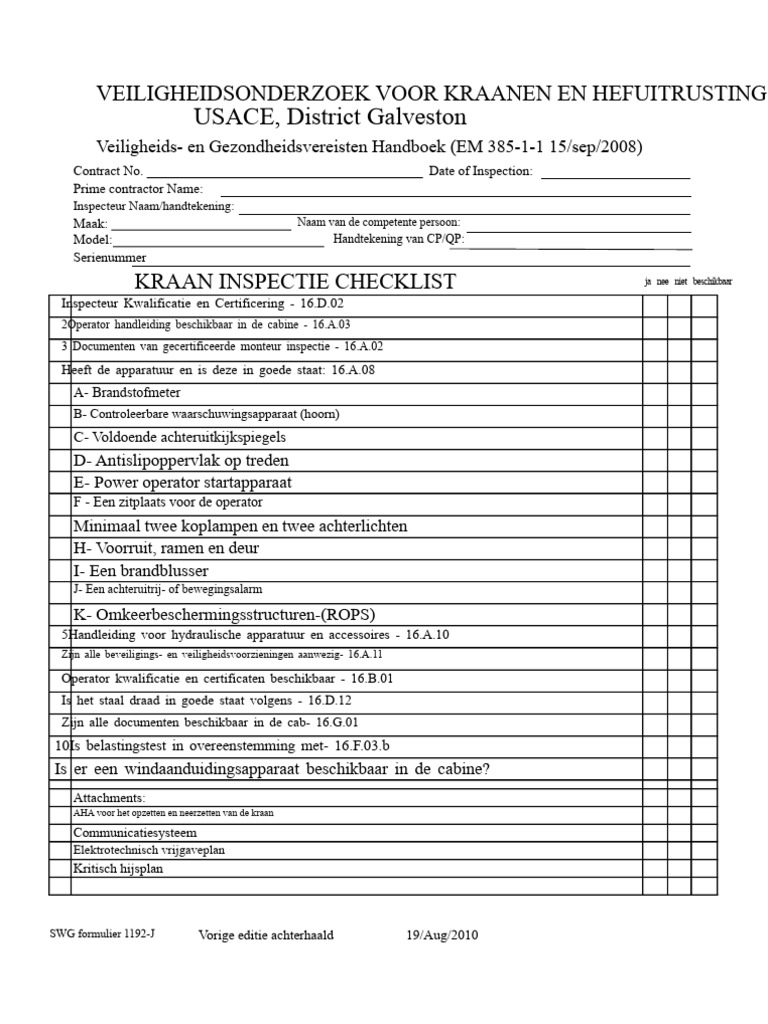 Kraan Inspectie Werkblad | PDF