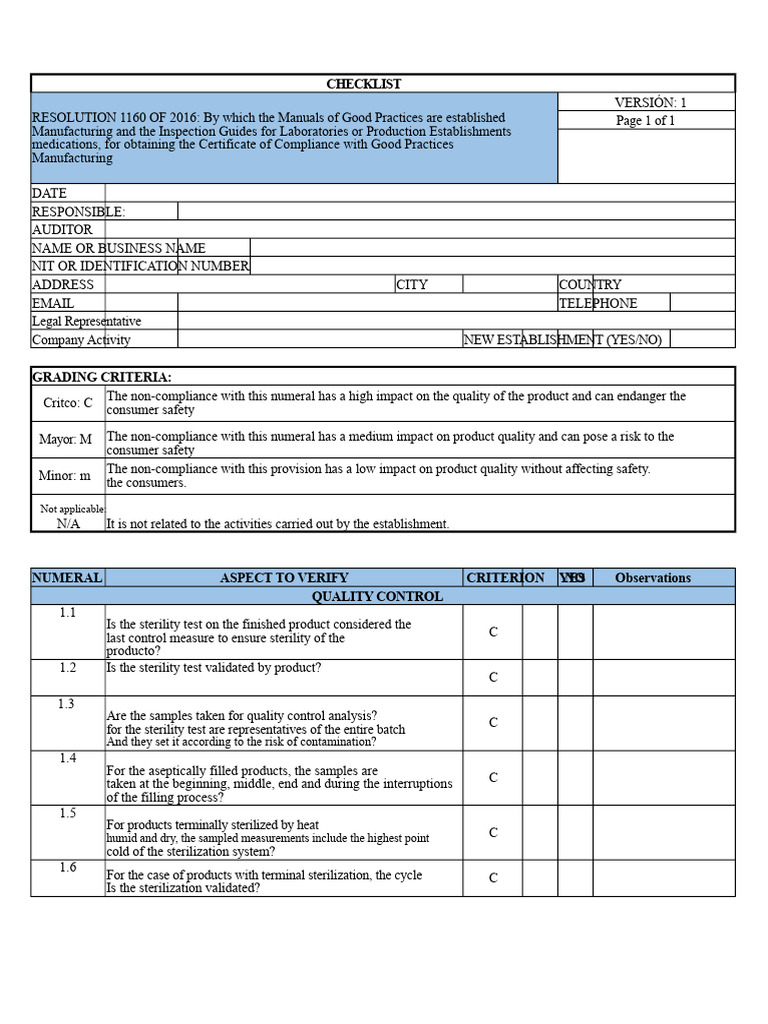 Good Practices Checklist for Manufacturing | PDF | Sterilization ...