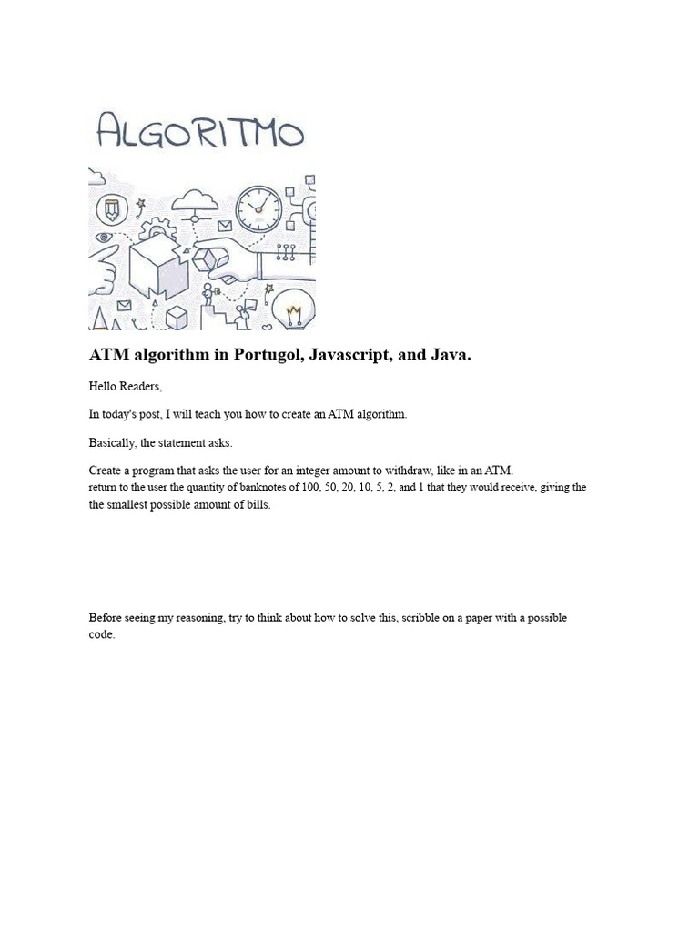 ATM Algorithm in Portugol, Javascript, and Java | PDF | Integer ...