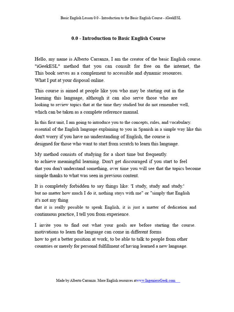 0.0 - Introduction To Basic English Course | PDF | English Language ...