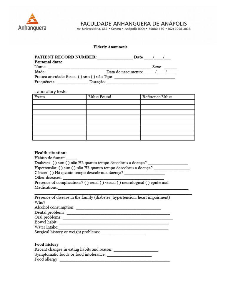 Comprehensive Elderly Health Assessment | PDF | Meal | Medical Specialties