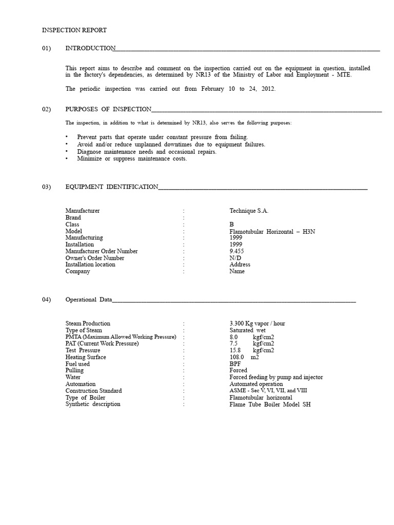 Boiler Inspection Report Summary | PDF | Boiler | Gas Technologies
