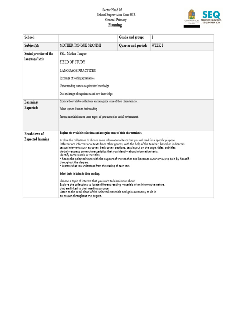 Primary Spanish Language Planning Guide | PDF | Writing | Learning