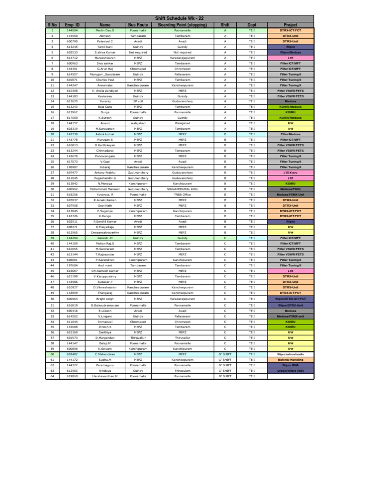 Employee Bus Route & Shift Schedule | PDF