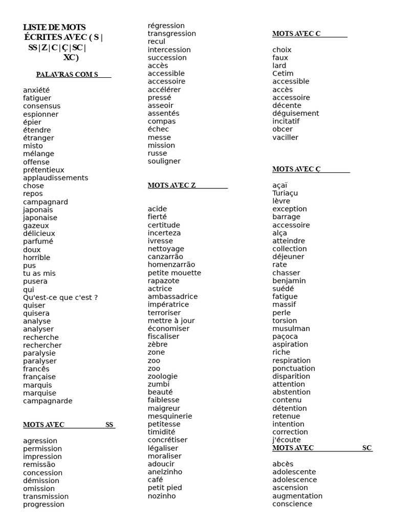 Liste de mots avec S, Z, C et X | PDF