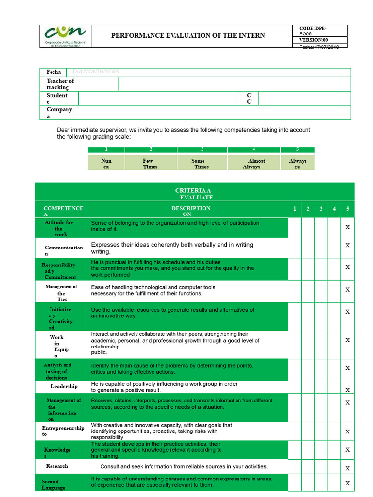 Performance Evaluation Format For The Intern | PDF | Information ...